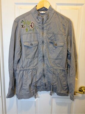 Light Gray Utility Jacket with Floral Embroidery